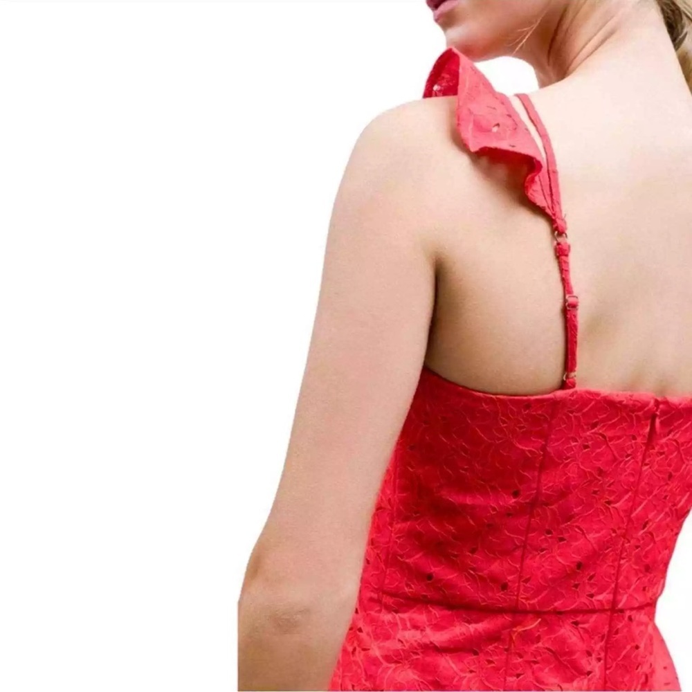 Anthropologie J.O.A Eyelet Drop Waist Dress Red Halter Peplum Ruffle Hem Size L - Picture 4 of 10